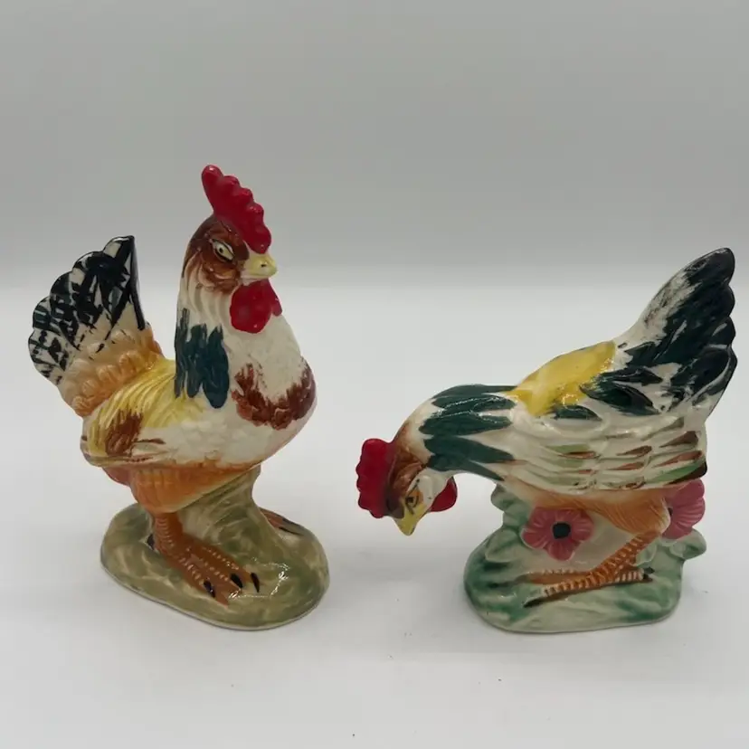 Rooster And Hen Figures Vintage Japan With Stamp And Sticker on Bottom