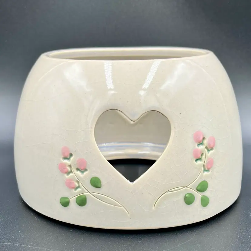 Heart Studio Art Pottery Candle Shade Topper Stoneware Floral 4” X 6” Signed