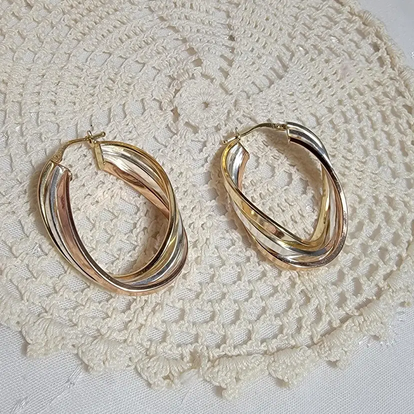Vintage JCM 925 Tri-Tone Twisted Hoop Earrings