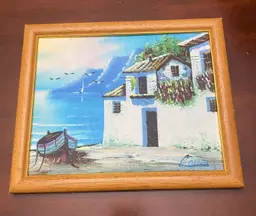 Framed Art 9x11 Painted Print Beach House Coastal Ocean Mediterranean Signed