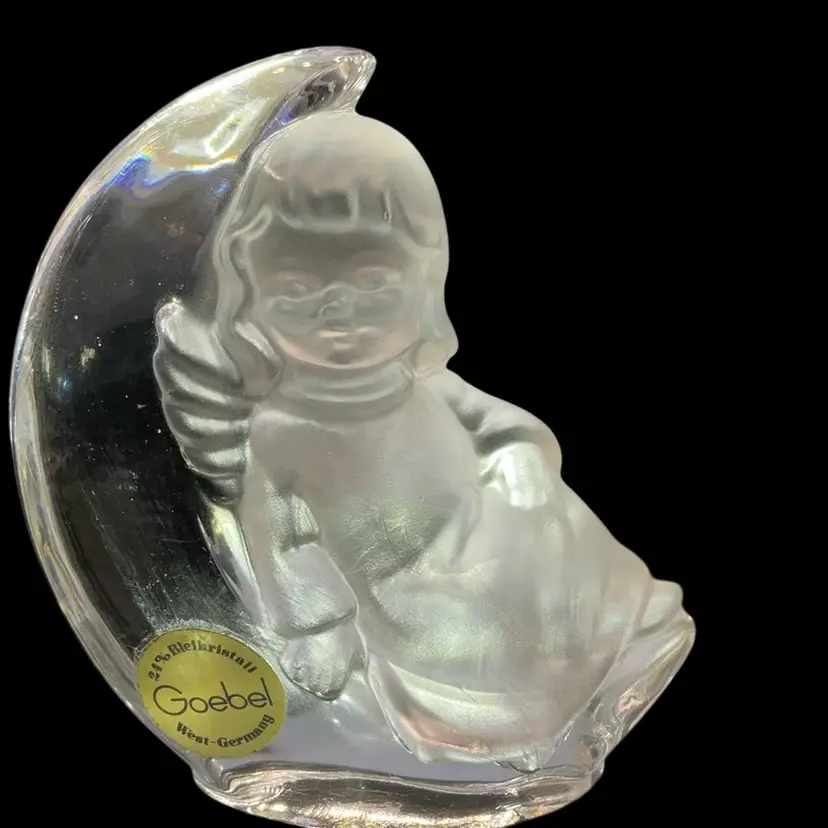 Goebel 1981 24% Lead Crystal Paperweight Frosted Angel And Moon 3.75” Goebel Crystal Angel on Crescent Moon