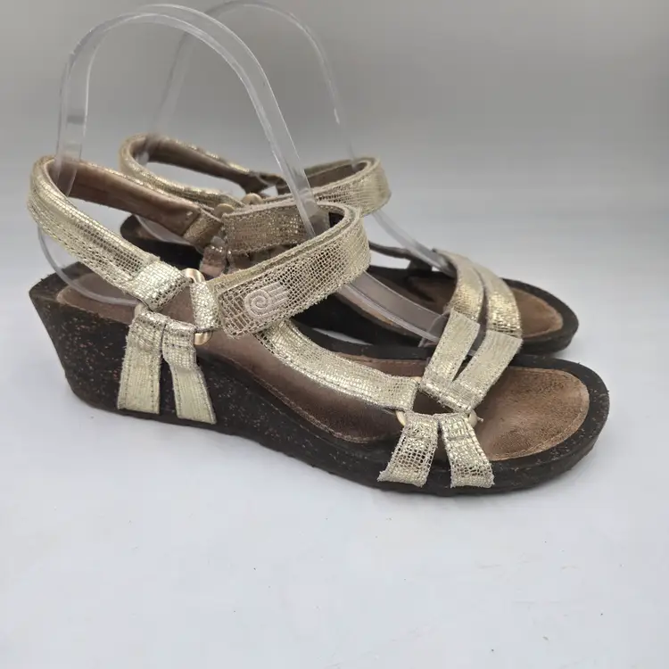 Womens Teva Ventura Metallic Gold Leather Snake Print Sz 9 Wedge Strappy Sandals