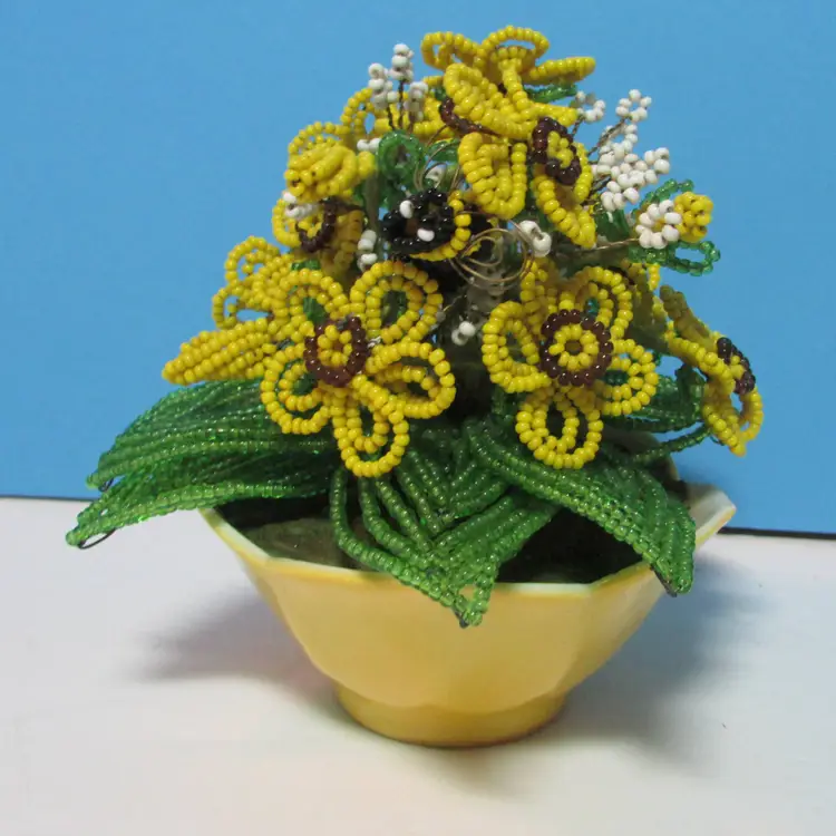 vintage yellow beaded flowers with leaves and bumble bee arrangement