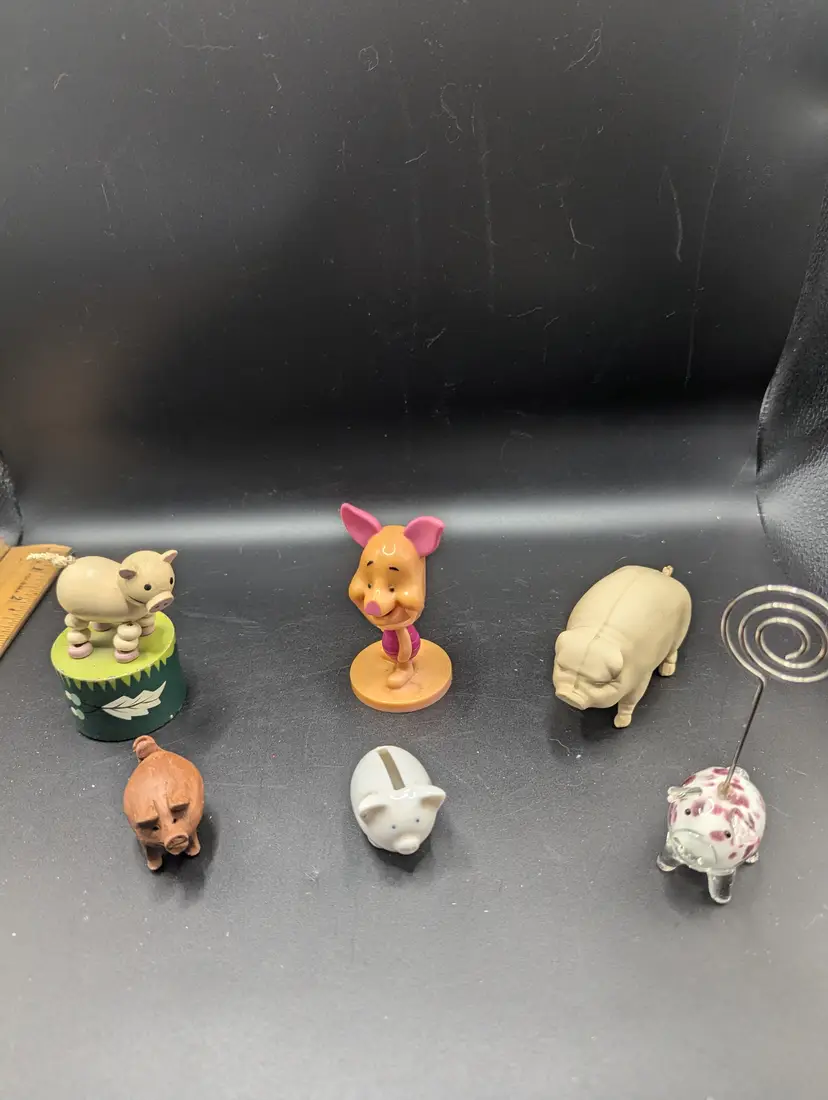 Vintage Lot of 6 Pigs - Lucky, Penny, Glass Picture Holder, Puppet, Bobblehead and 1960s Hollow Plastic