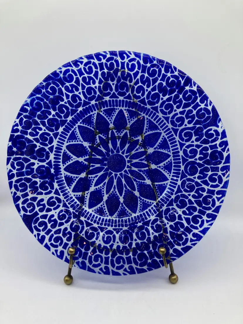 Vintage Signed Cobalt SYDENSTRICKER Glass Bowl Dish BLUE EMBASSY 6.5” Fused Art