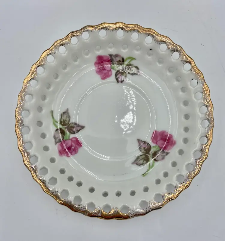 3 - Vintage Ucagco (Japan) Pink Roses Reticulated Saucers/Plates, Gold Gilt