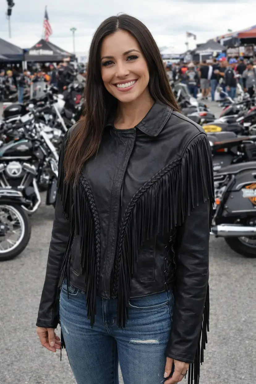 Vintage Kerr Leather Fringe Braided Black Western Biker Jacket Women's Size 14