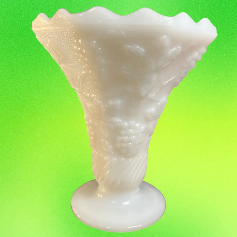 Anchor Hocking White Milk Glass 6" High Vase w/ Paneled Grape & Leaf Pattern, Swirl Pattern Toward the Base