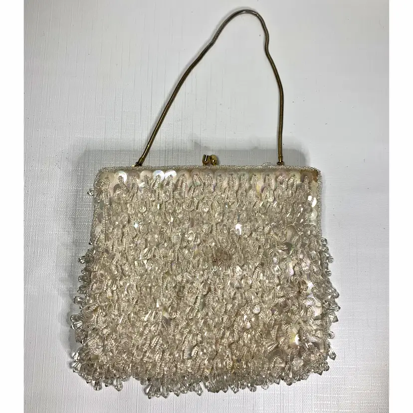 Beaded Evening Bag Hong Kong Vintage Purse Sequins White Kiss Lock READ