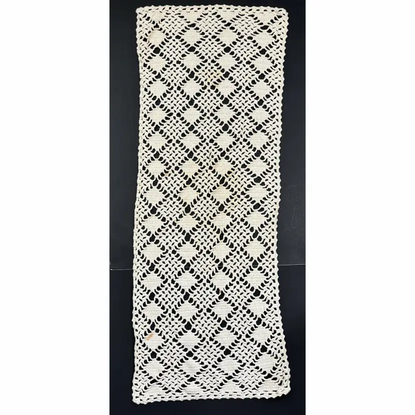 Long Crocheted Dresser Scarf Table Runner Cottage Core Shabby Décor Vintage STAIN