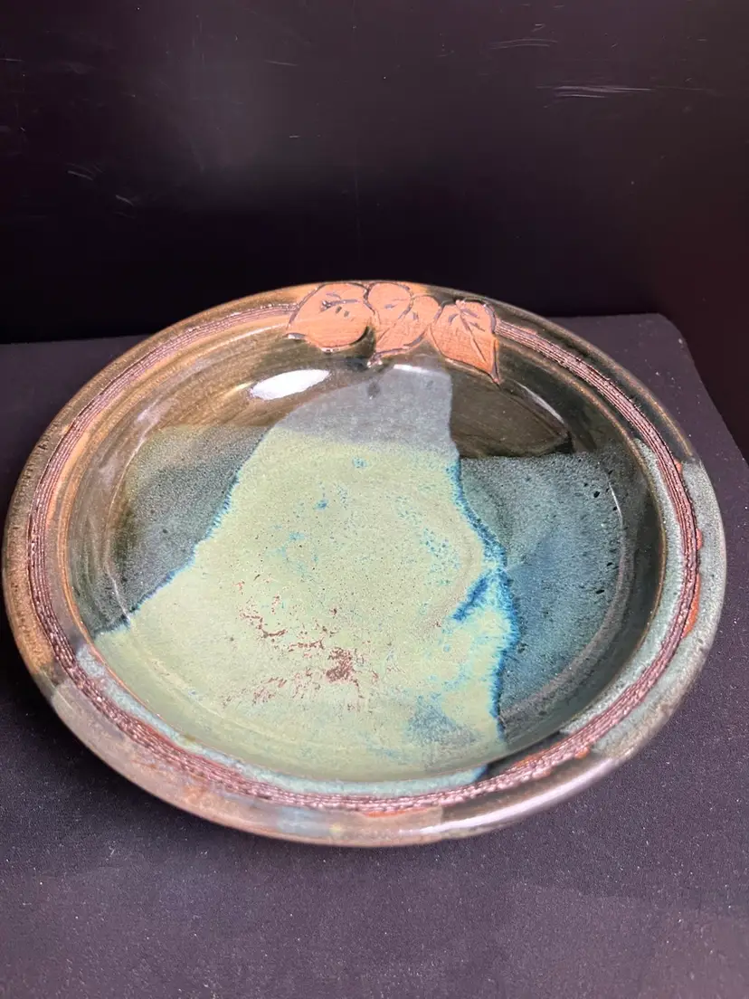 Hand Made Pottery by Bonnie, Mandan, ND-Bowl-Love the textured Design on Rim. Glazed Greens, Blues, Tans, Charcoal-Lot 48