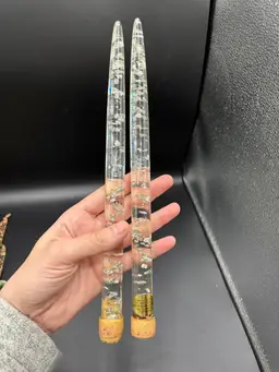 Pair Of Clear Lucite Candles With Silver Flecks 11.5”