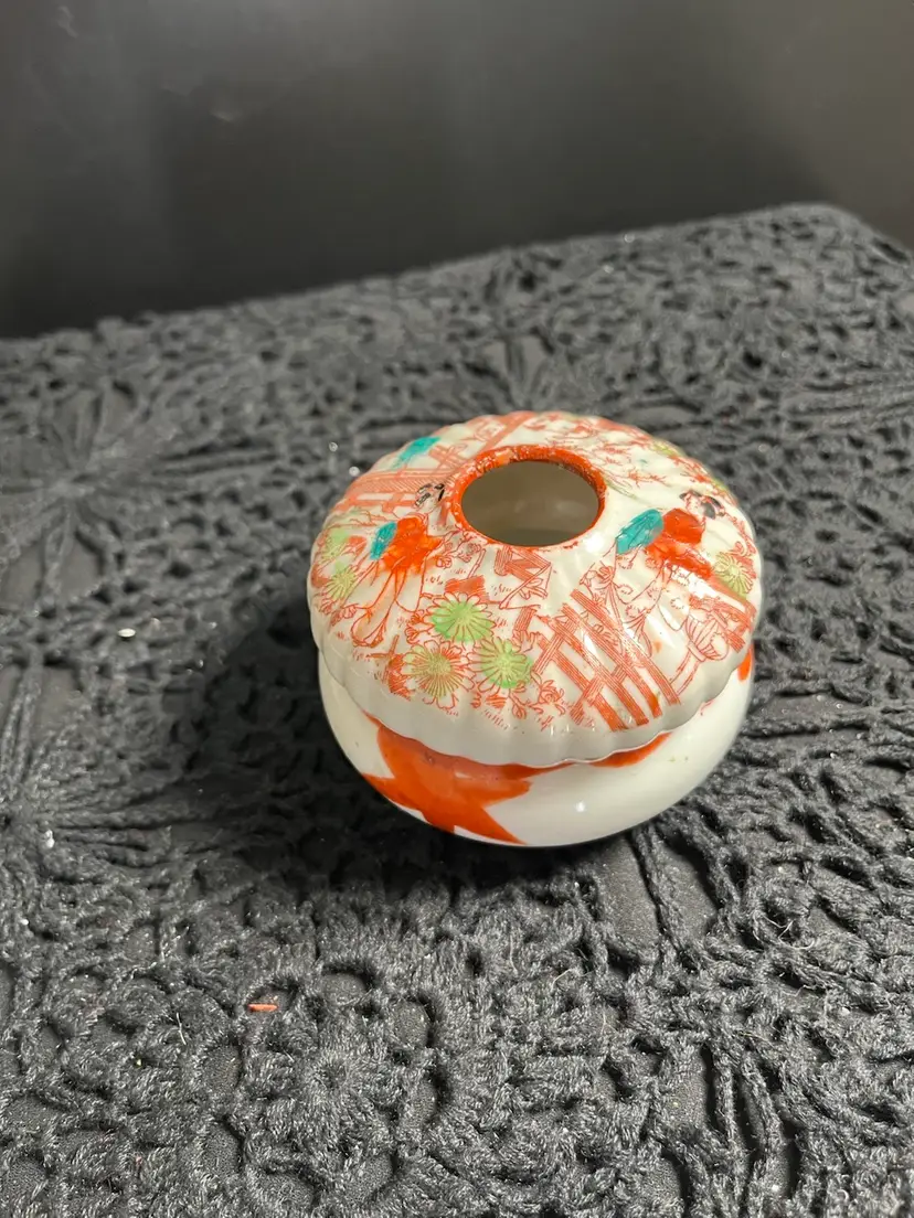 Asian Themed Hair Receiver. Textured Top. Rusts and Teal Green Hand Painted.