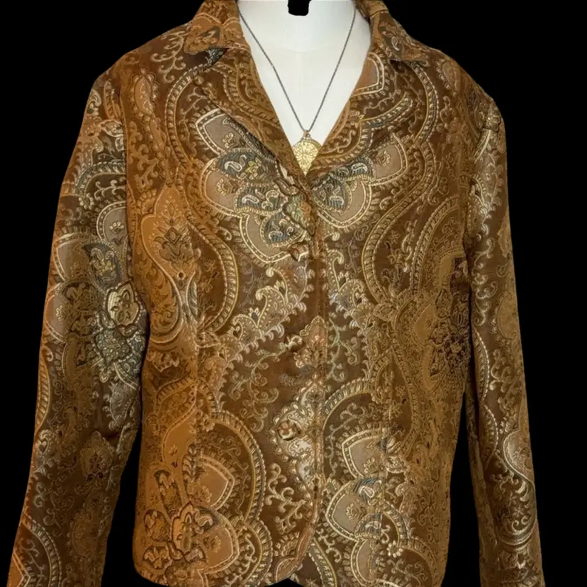 023.    Blazer Jacket Jacquard Style Tapestry Golden Colors Sz L up To 1X quality piece