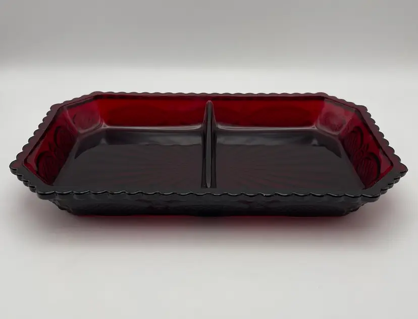 Vintage Avon 1876 “Cape Cod” Collection, Red Ruby Divided Glass Tray. Many uses!