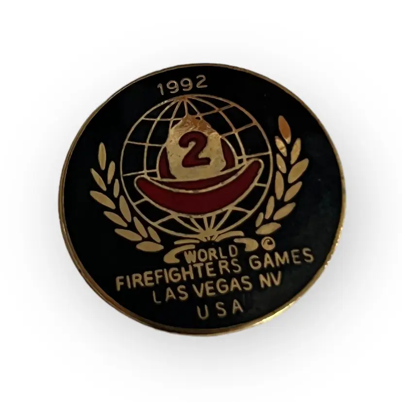 Vintage 1992 World Firefighters Games Cloisonne Pin. Metal Enamel Collectible Lapel Jacket Pin. Biker Pin- Button Collection. Las Vegas