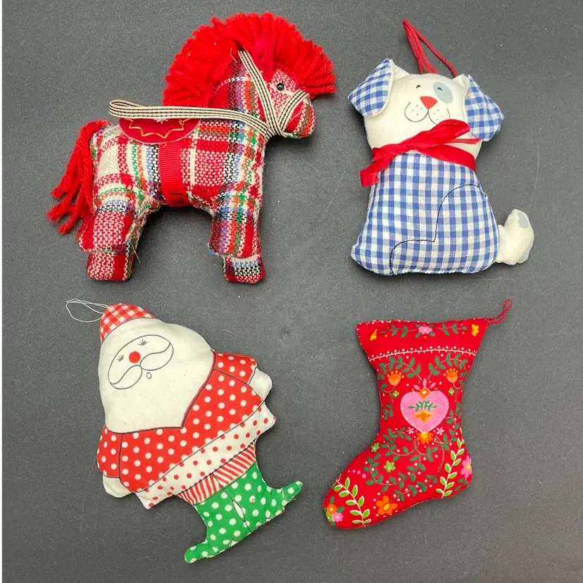 Plush Christmas Ornaments VTG Santa Horse Dog Puppy Stocking Hallmark Lot of 4