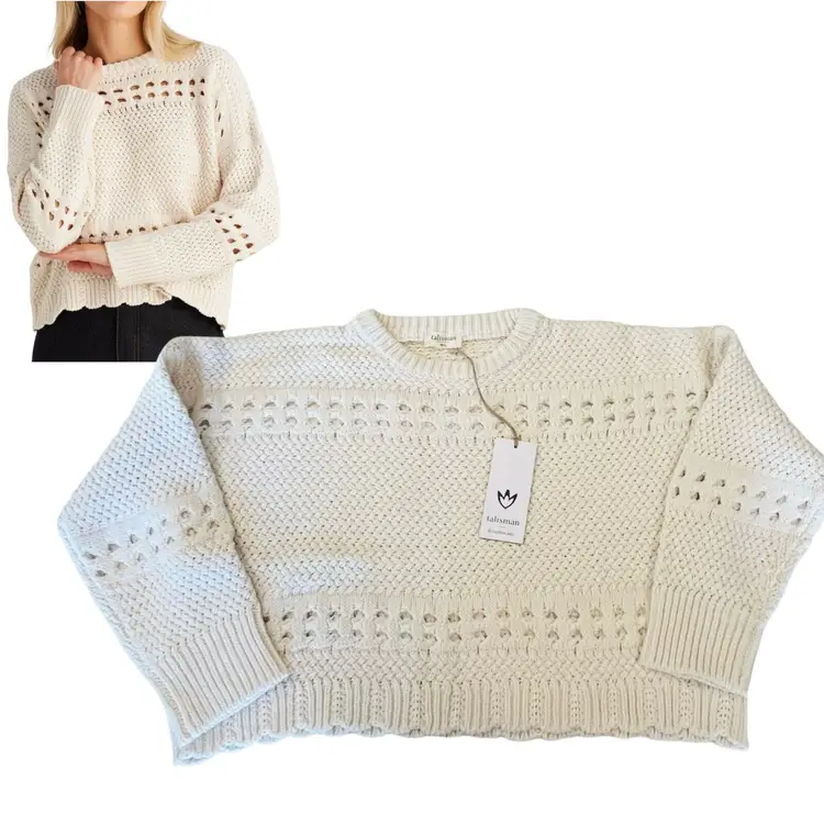 NEW Talisman Open Knit Ryder SWEATER Creme Women's M/L Cropped Scalloped Edge