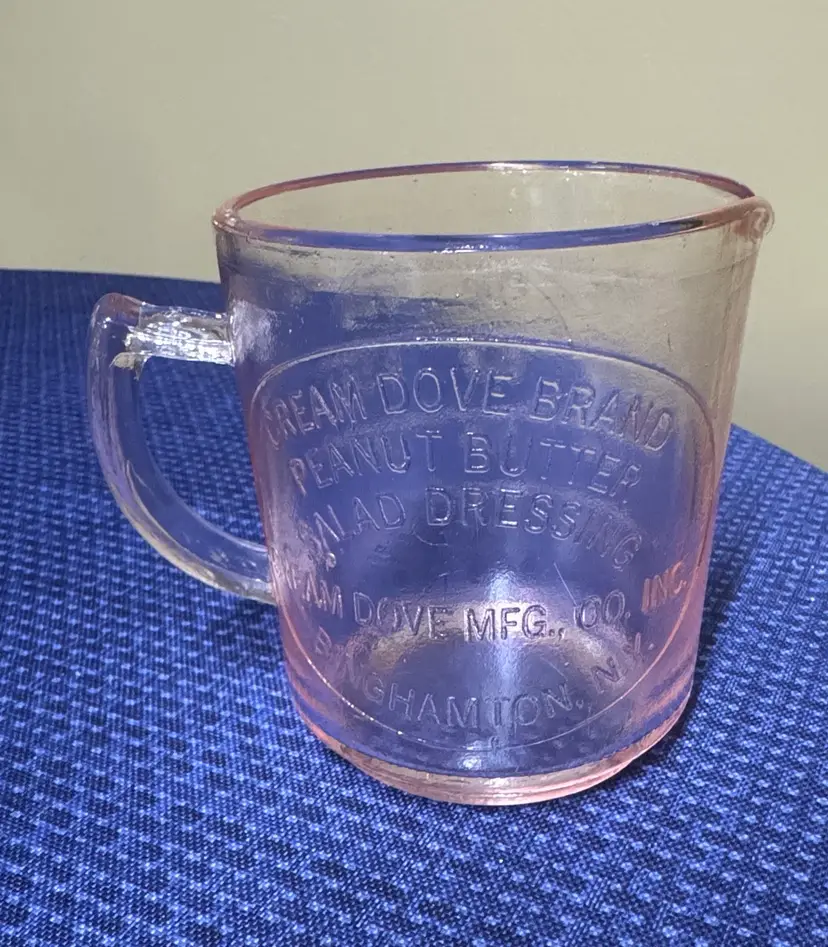 Pink Depression Glass Cream Dove Brand Peanut Butter Advertising Measuring Cup