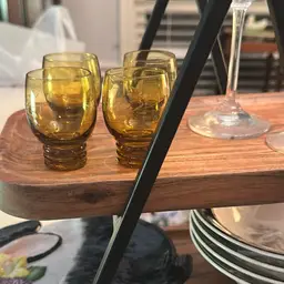 Beautiful Vintage 4 Amber MCM Engraved Leaf Design Cordial Shot Glasses -Czechia