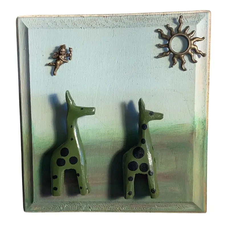Jewelry Art Made By Me  Giraffe Scene On Wood Plaque 4x4”