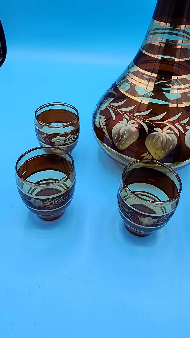 Etched Glass Vintage Decanter And Cup Set