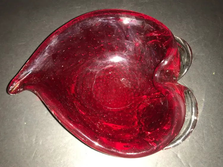 Vintage Heart Shaped Art Glass Bowl candy trinket Controlled Bubbles Red