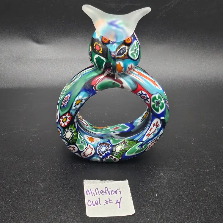 #4 HTF Vintage KB Italy Murano Venetian Art Glass Satin Millefiori Cut Cane Owl Napkin Ring RARE!