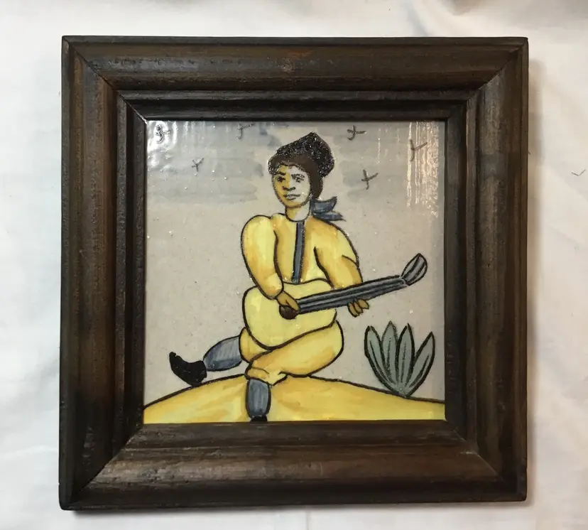 Vintage primitive Mensaque Rodriquez art tile guitar player Seville Spain framed