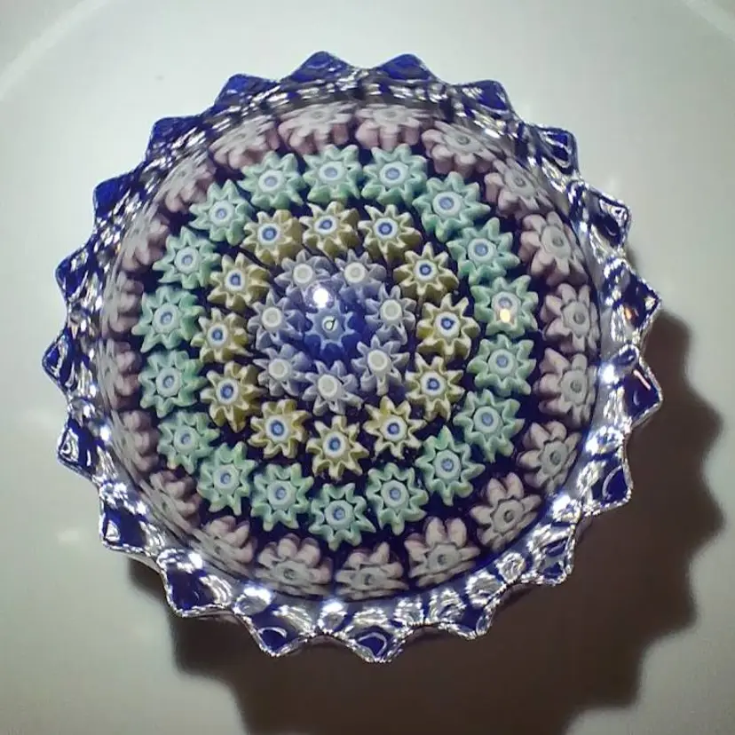 Vintage Perthshire Blue Glass Millefiori Star Paperweight w/Center P Cane