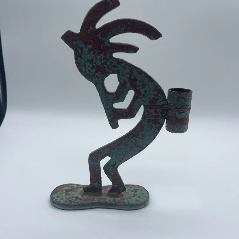 Kokopelli Handmade Cast iron Metal Candle holder/ Figurine Folk Art Solid 8.75”