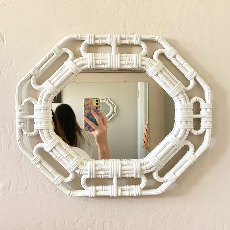 1983 White Wall Accent Mirror Octagon Rattan Look Home Interiors