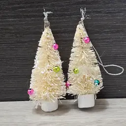 Lot 2 Bottle Brush Christmas Tree Ornament White Bead Decorated Miniature