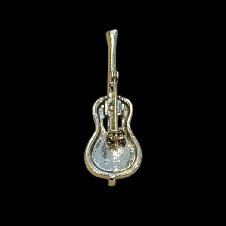 Vintage GoldTone Enamel Guitar Musical Instrument Brooch 2”