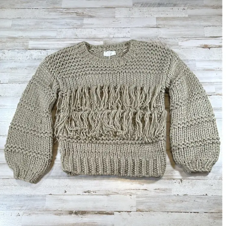 NWT Sage The Label 
Fringe Chunky Knit Sweater – Sage Green, Size Small (Salesman Sample)