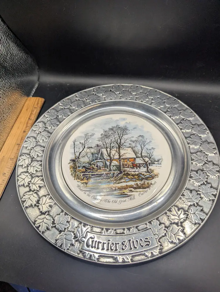 Vintage Currier & Ives Winter in the Country The Old Grist Mill Decorative Plate by Carson Pewter 10.75"