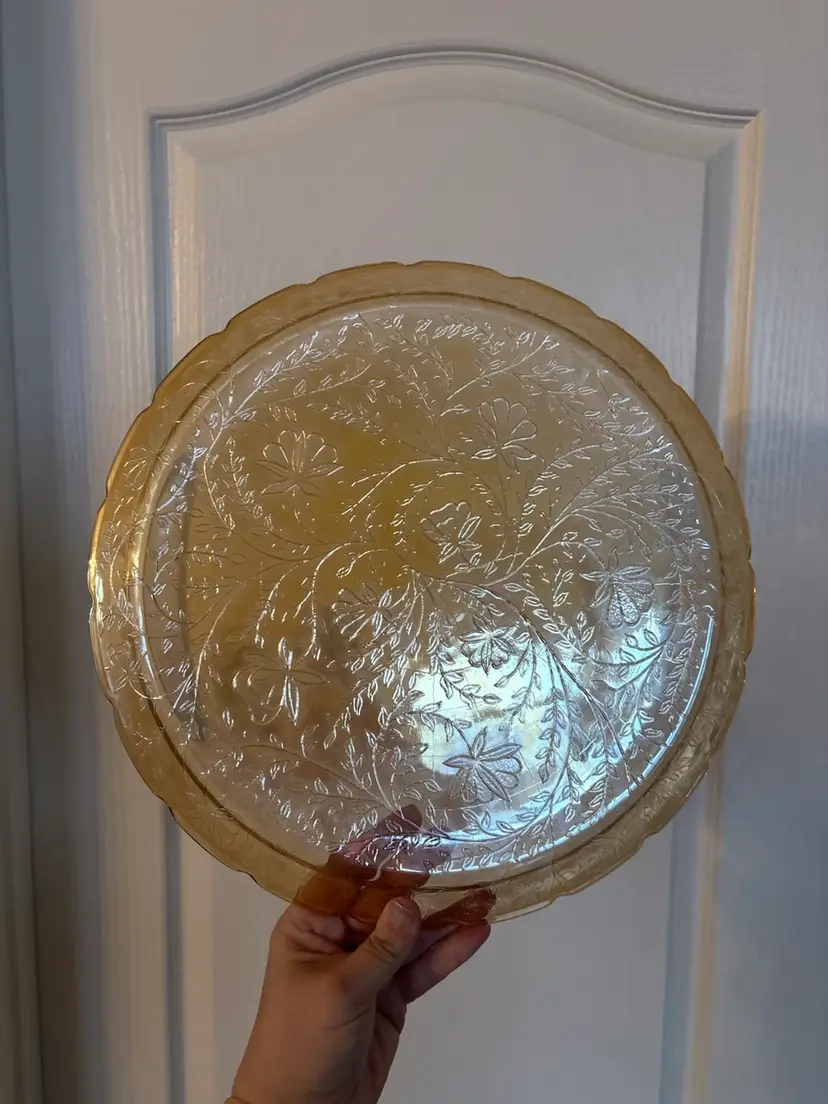 Vintage Jeanette Glass Floragold Louisa Iridescent Marigold Carnival Glass Platter Tray