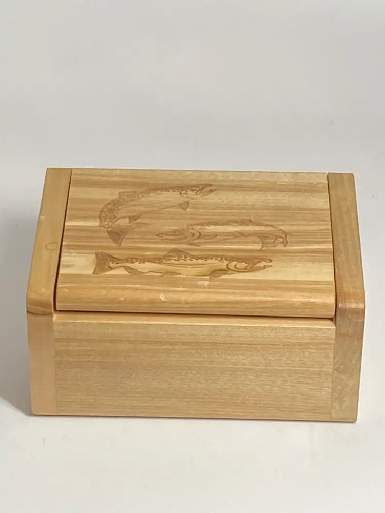 Handcrafted Birch Wood Trinket Box Laser Etched w/ Fish Design, 4.5" x 3.5"
