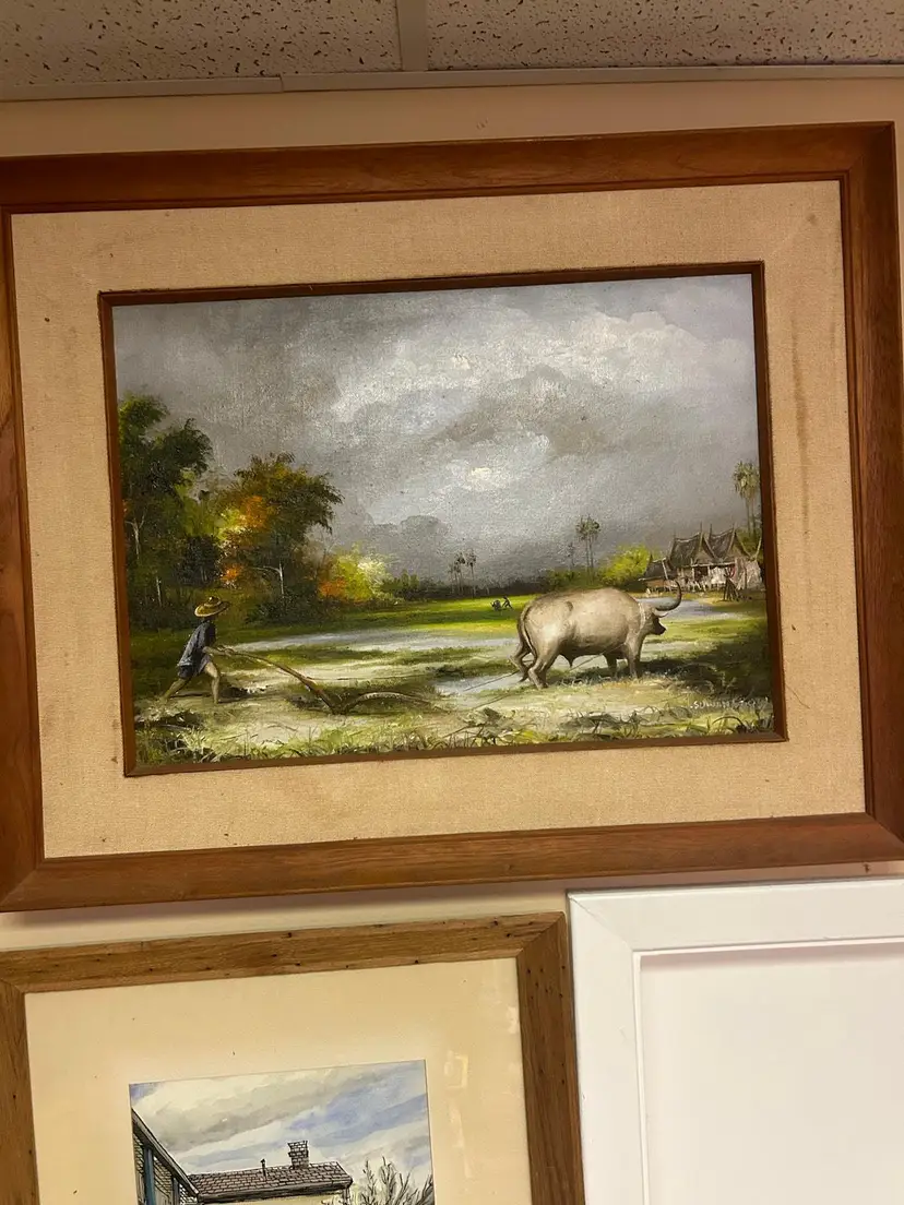 Southeast Asian Oil Painting, Rice Field and Water Buffalo (Signed, Framed)