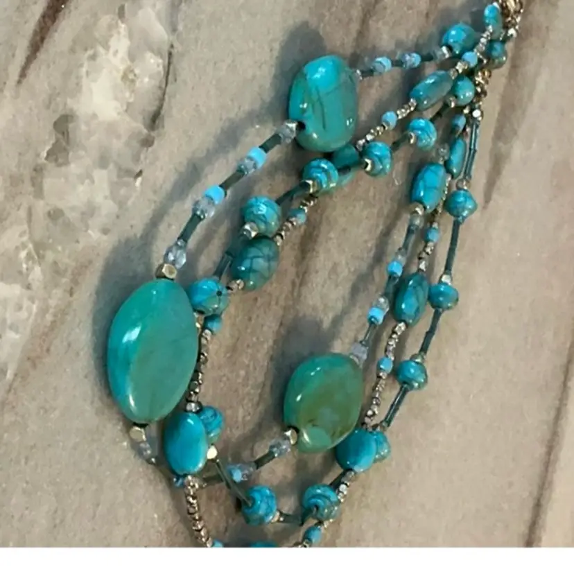 Vintage Avon 16” Three Stand Silver Tone With Turquoise Color Beads