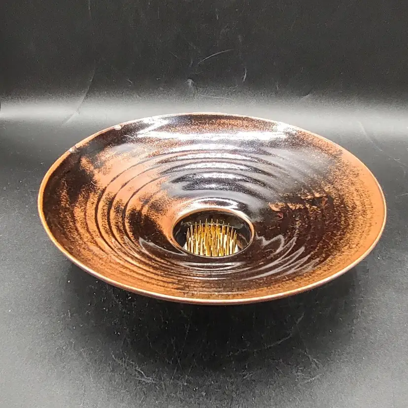 Hand Crafted Brown Art Pottery Spike Flower Frog Signed