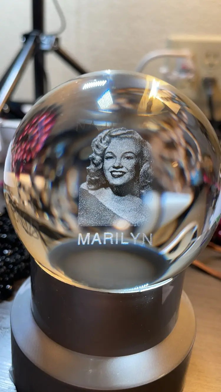 Laser Sketched Crystal Ball on Lighted Pedestal