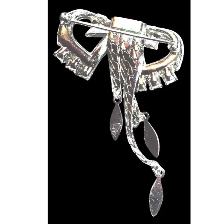 Vintage MCM  Silver Tone Rhinestone Articulated Bow Brooch - 1950 Ish