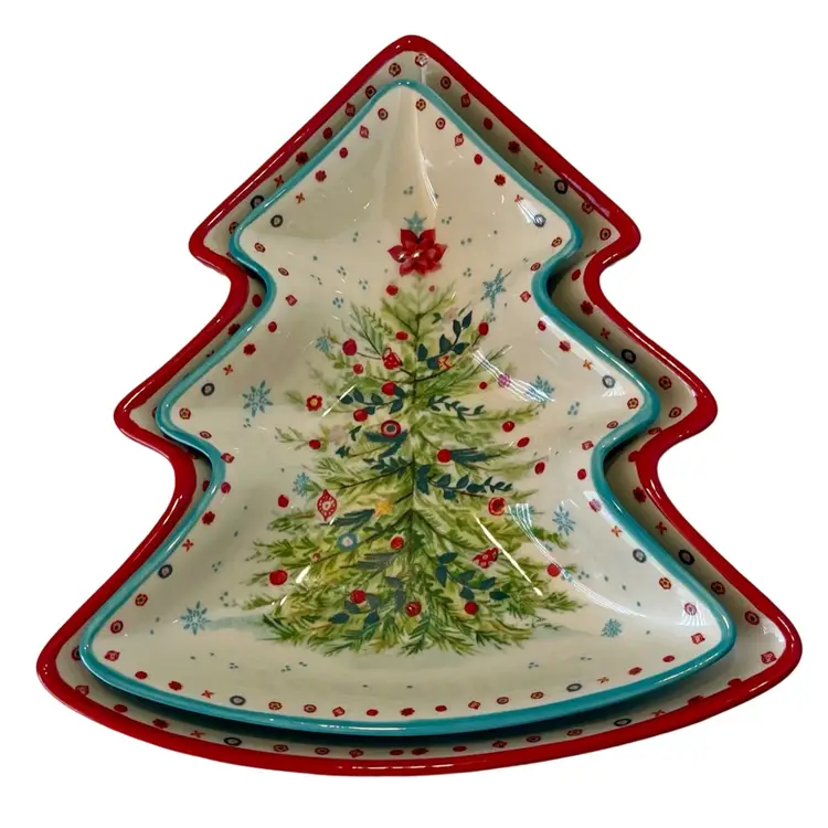 Pioneer Women Stacking Christmas Tree Shaped Serving Dishes/Bowls  Red/Aqua/Green Ceramic  
8” L & 9” L