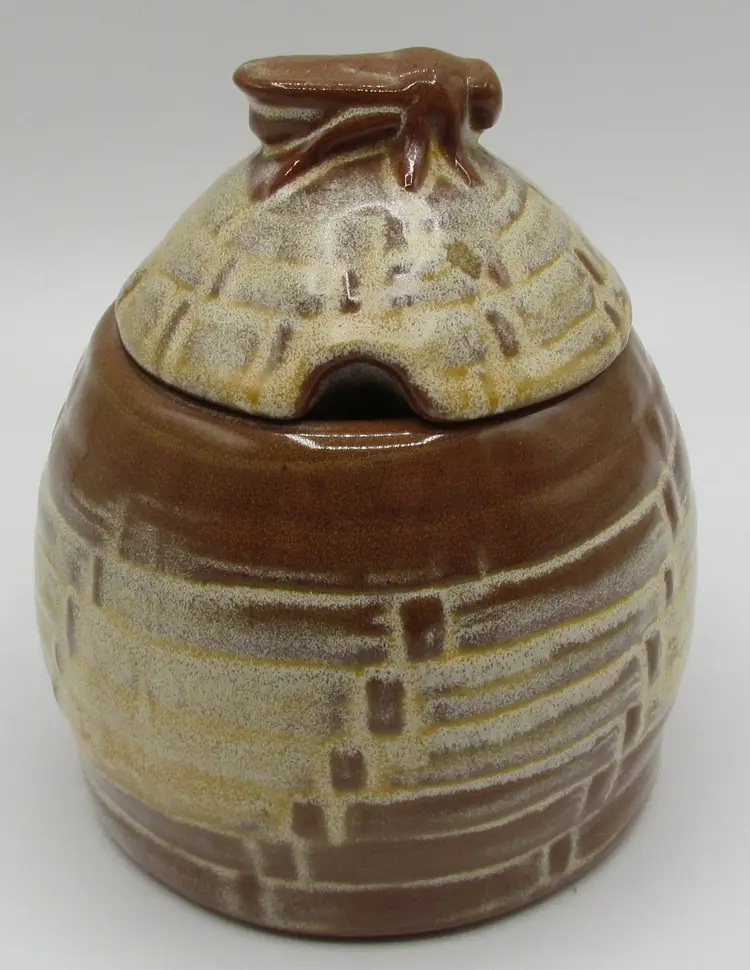Vtg Frankoma Pottery Plainsman Brown Honey Pot #803 w/Bee Finial on Lid- no dipper
