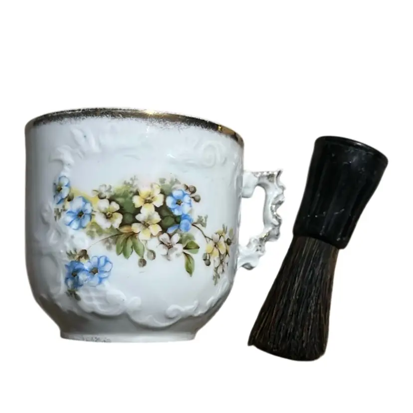 ANTIQUE SHAVING OR MUSTACHE MUG WITH FLORAL PATTERN Bakelite BRUSH INCLUDED