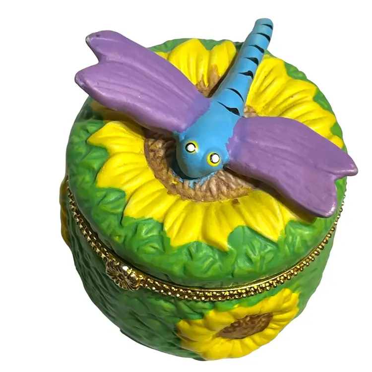 Vintage bisque, ceramic dragonfly and sunflowers hinge to trinket box 2.5" x 2.75"