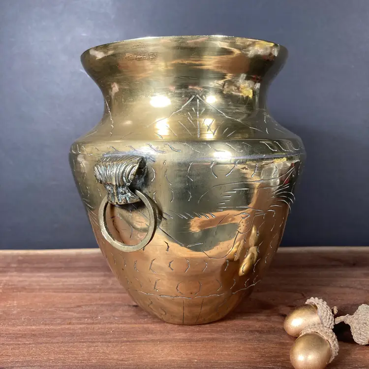 Vintage Solid Brass Vase or Planter with Swinging Handles and Etching, 6 inches tall.