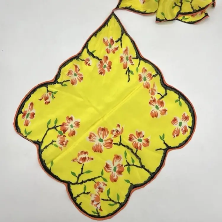Vintage Asian Floral Silk Hanky Scarf Scalloped Edges Yellow Double Hankie *READ