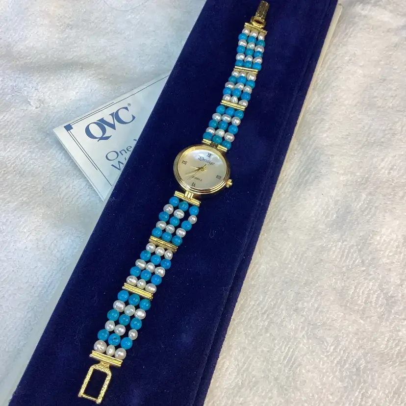 Vintage Prestige Quartz Watch Beaded Bracelet Turquoise And Pearls 7.5”